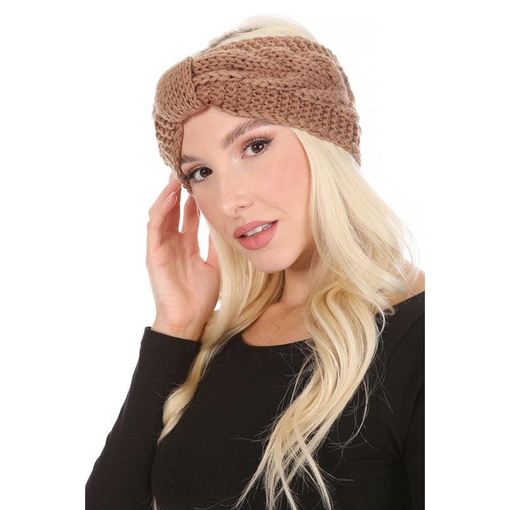 Khaki Knitted Bow Ear Warmer Stretchy Winter Headband